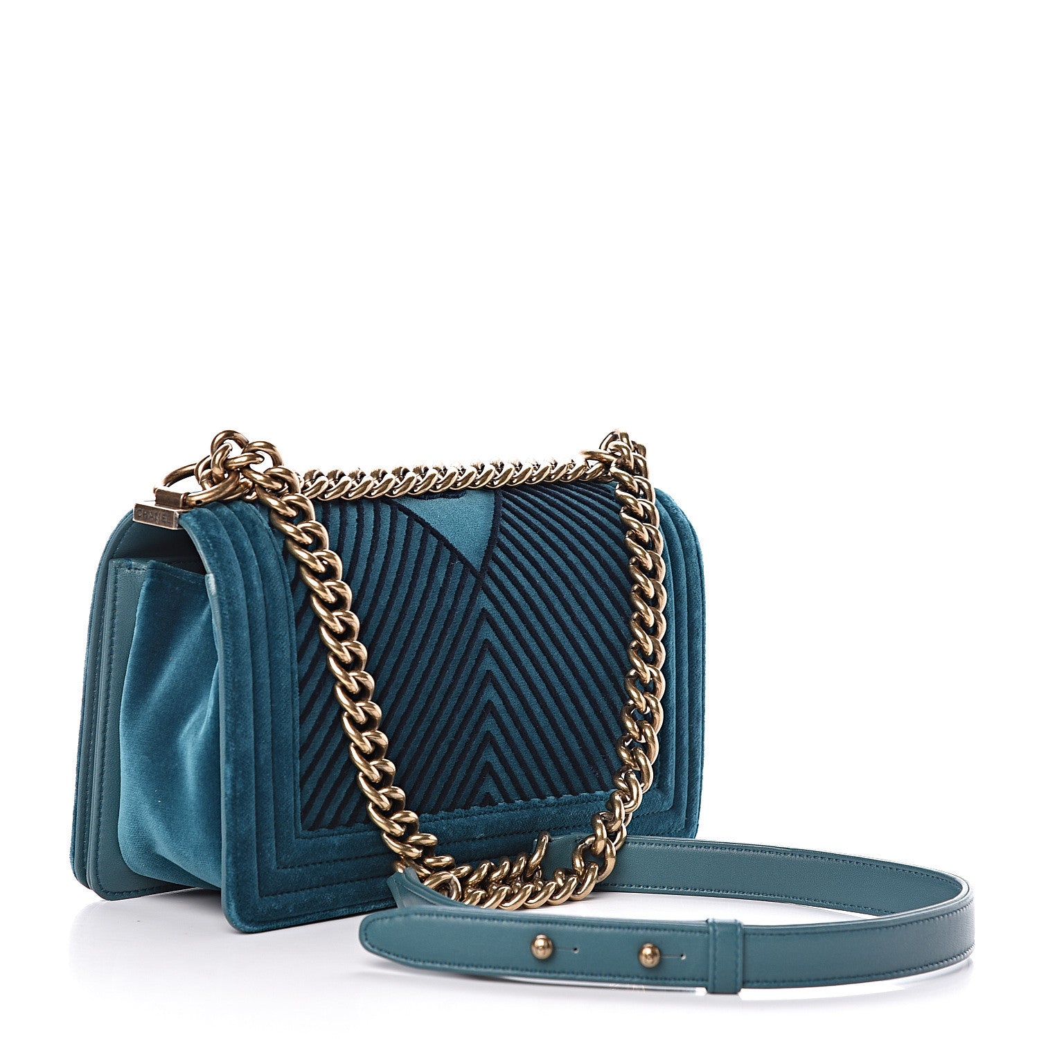 Chanel Velvet Chevron Quilted Medium Boy Flap Peacock Blue 3 of 10