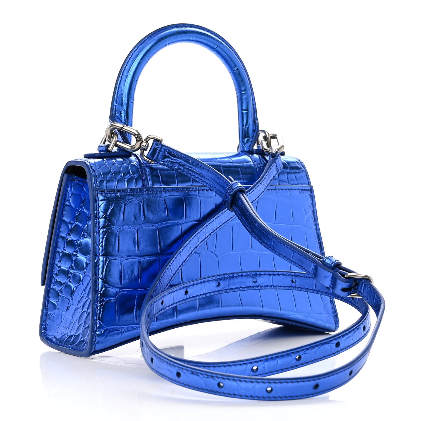 Metallic Shiny Calfskin Crocodile Embossed Hourglass Top Handle Bag XS Royal Blue