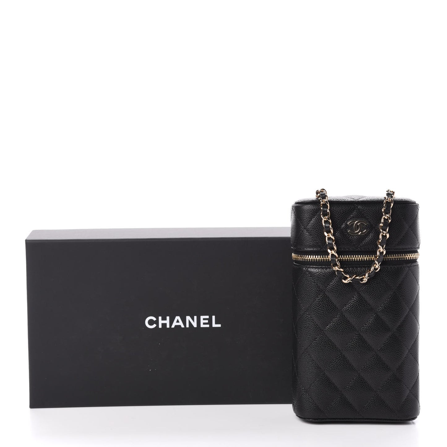 Caviar Quilted Phone Holder With Chain Black