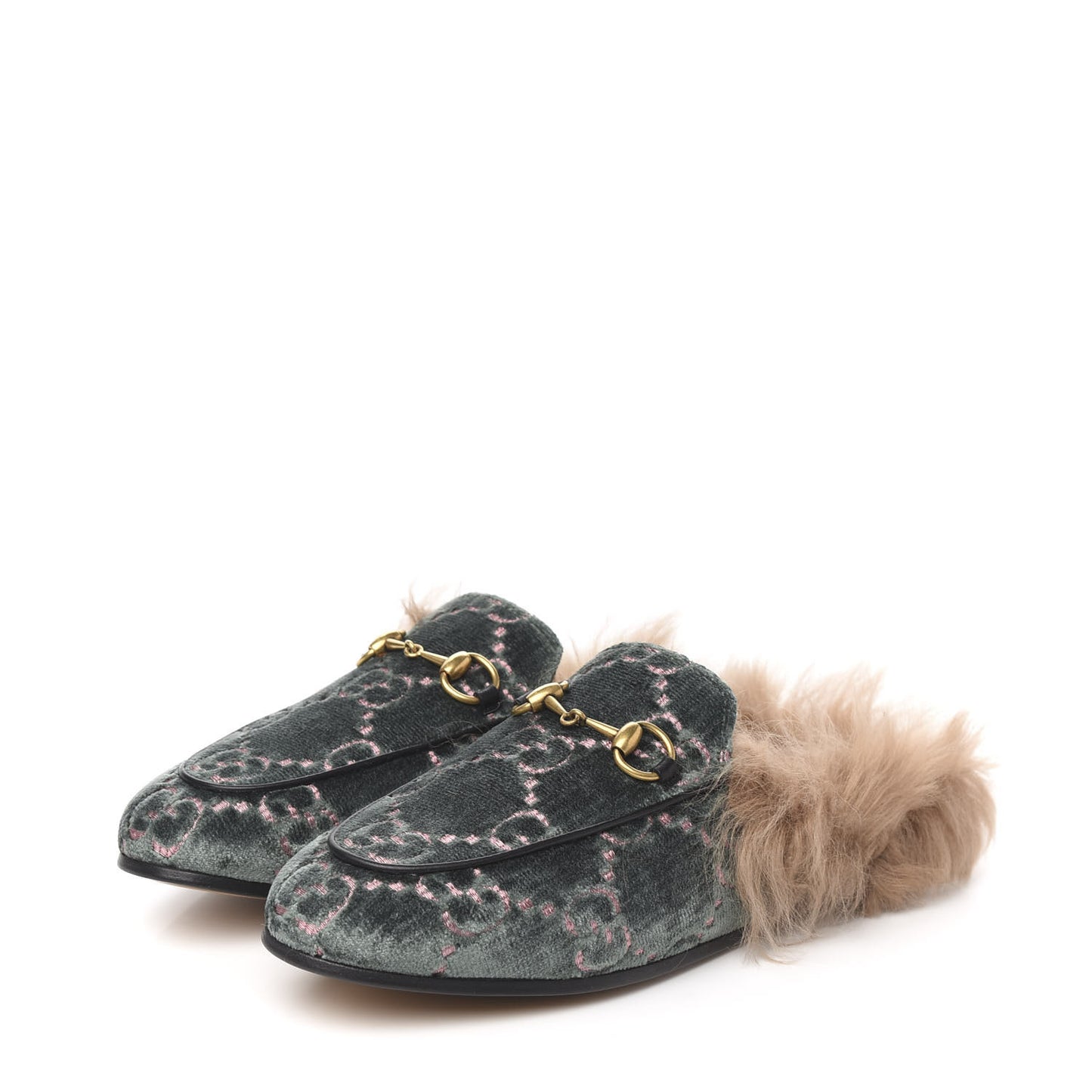 Velvet GG Monogram Fur Womens Princetown Slippers 35 Avio Dusty Pink