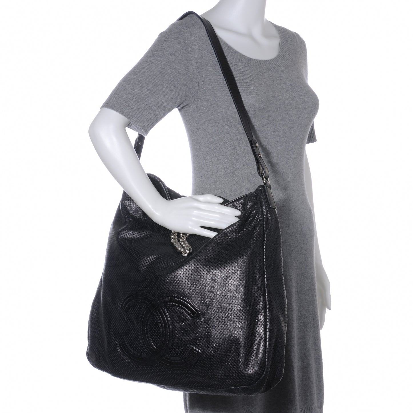 Glazed Calfskin Perforated XL Rodeo Drive Tote Black