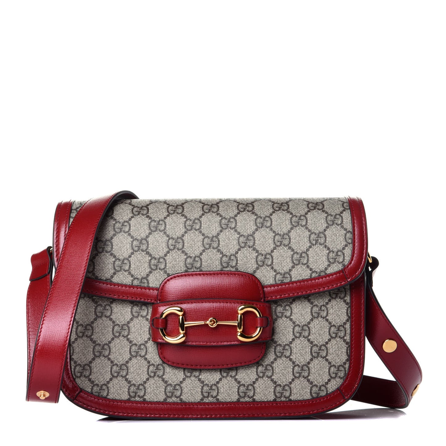 GG Supreme Monogram Azalea Calfskin Horsebit 1955 Shoulder Bag Beige Ebony New Cherry Red