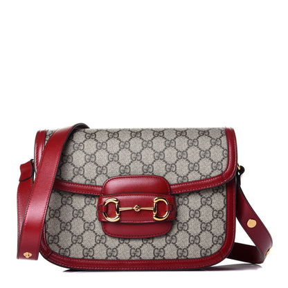 Gucci GG Supreme Monogram Azalea Calfskin Horsebit 1955 Shoulder Bag Beige Ebony New Cherry Red 1 of 9