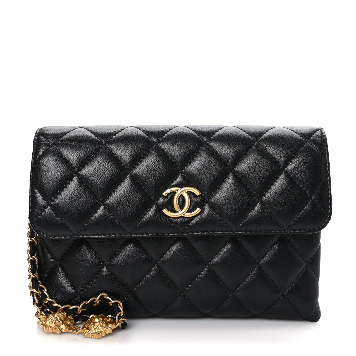 Lambskin Quilted CC Pouch With Handle Black