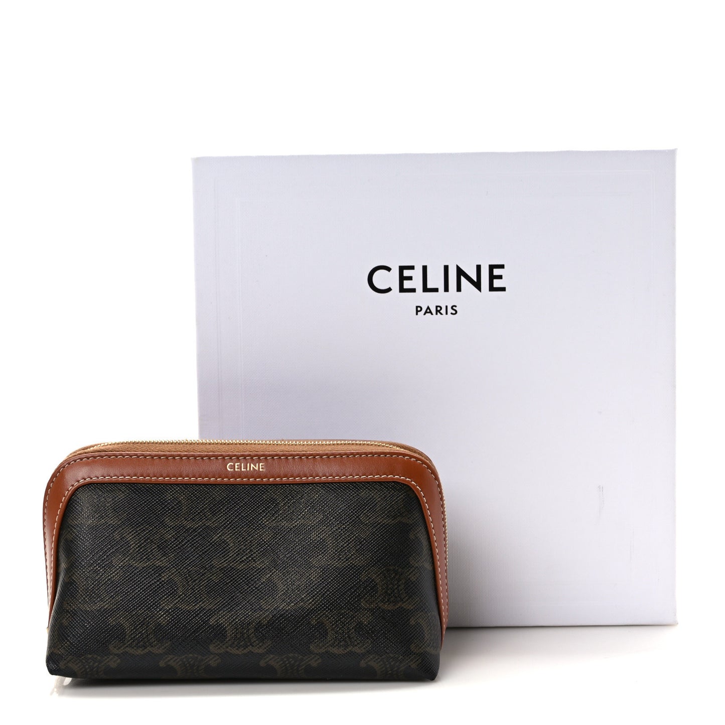 Triomphe Canvas Calfskin Small Cosmetic Pouch Tan