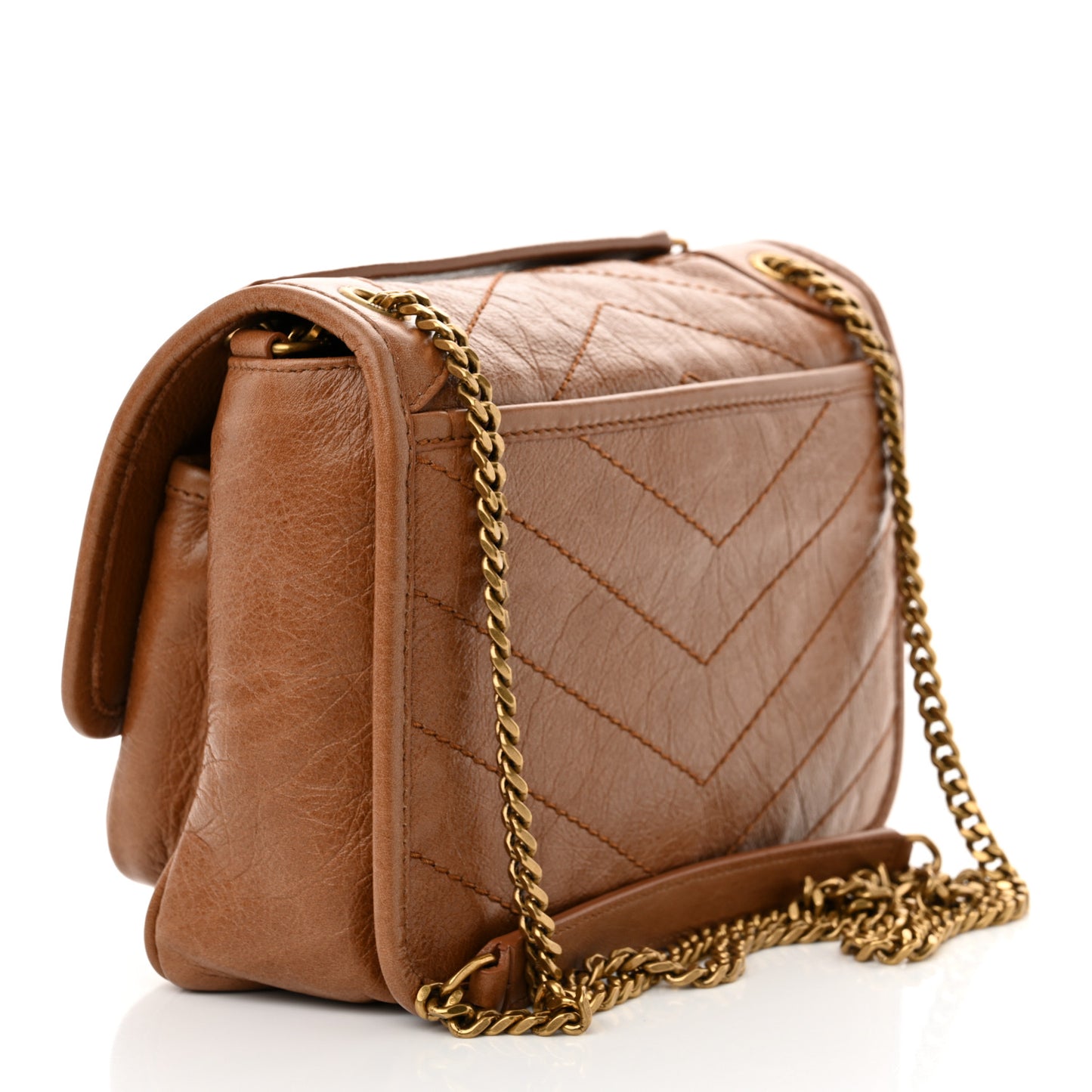 Crinkled Calfskin Matelasse Monogram Baby Niki Chain Satchel Light Caramel