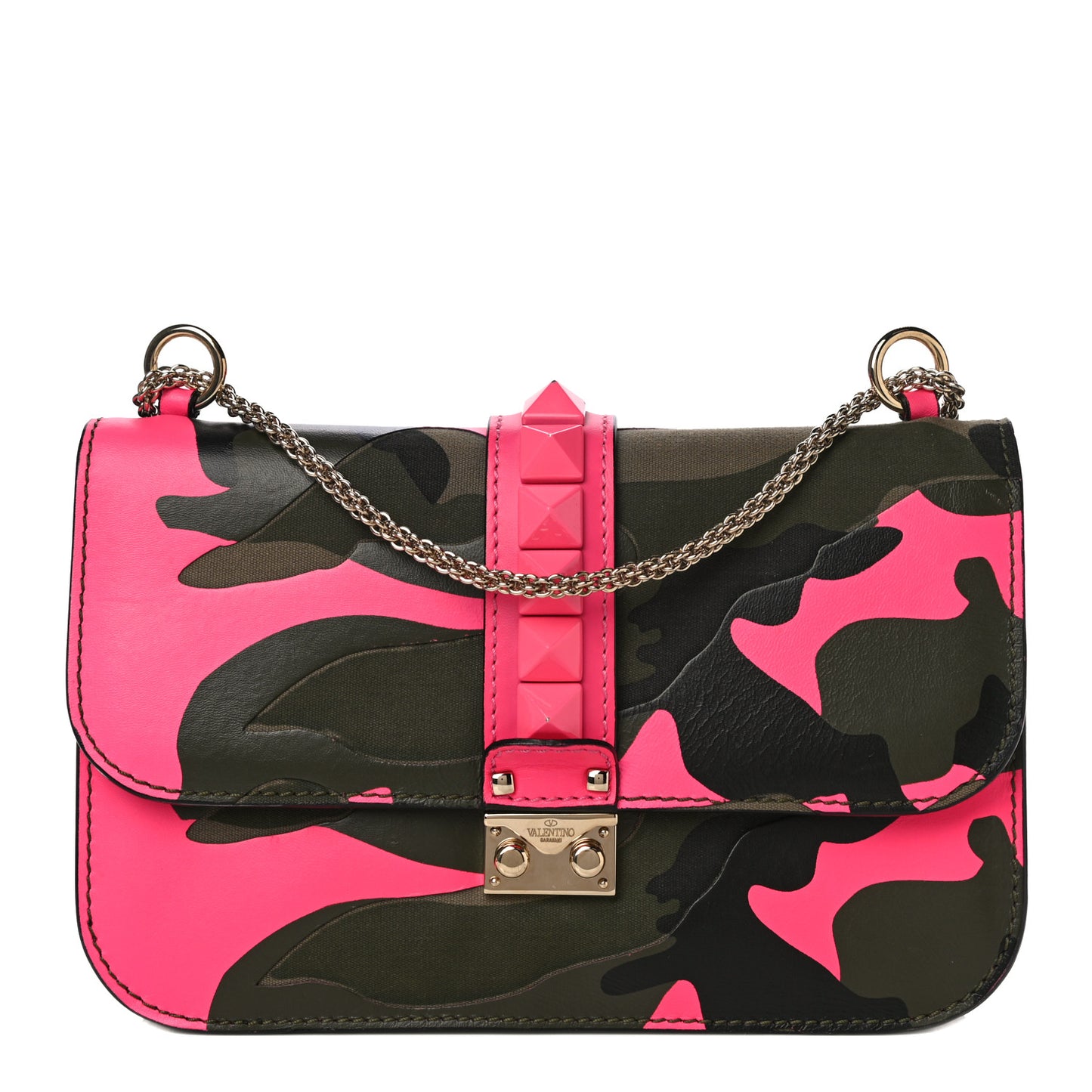 Nappa Canvas Camouflage Medium Glam Lock Rockstud Flap Fuxia Fluo
