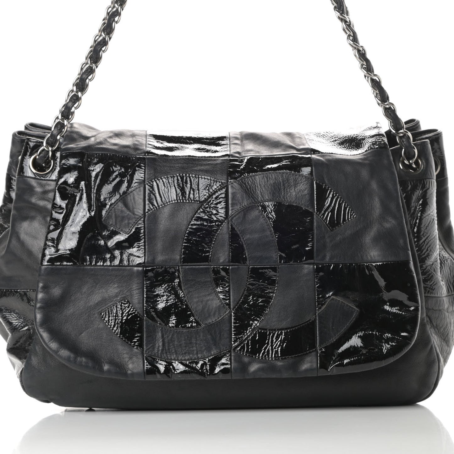Lambskin Patent Calfskin Brooklyn Patchwork Accordion Flap Black