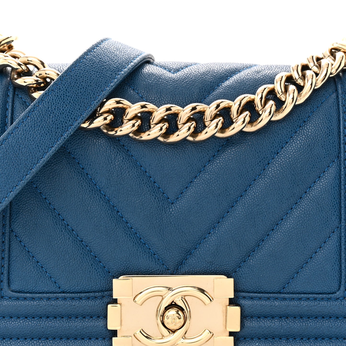 Caviar Chevron Quilted Small Boy Flap Dark Blue