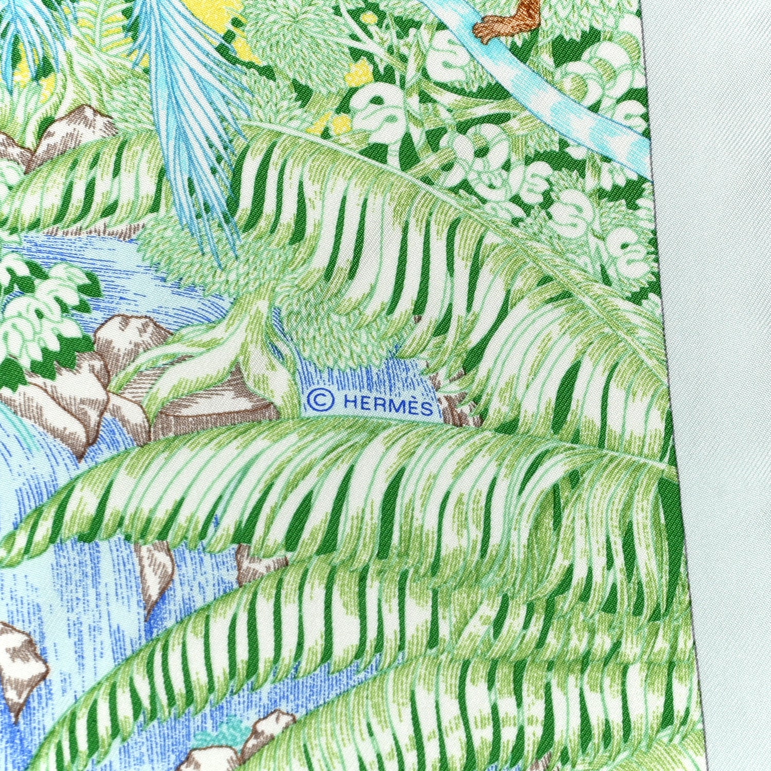 Hermes Silk Twill Faubourg Tropical Scarf 90 Bleu Vert Jaune 4 of 6