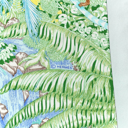 Hermes Silk Twill Faubourg Tropical Scarf 90 Bleu Vert Jaune 4 of 6