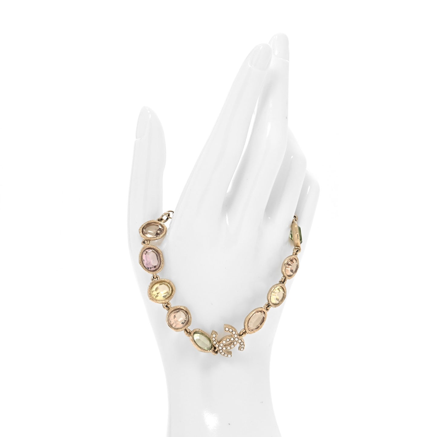 Metal Glass Crystal Strass Pearl CC Chain Bracelet Gold Multicolor Pearly White