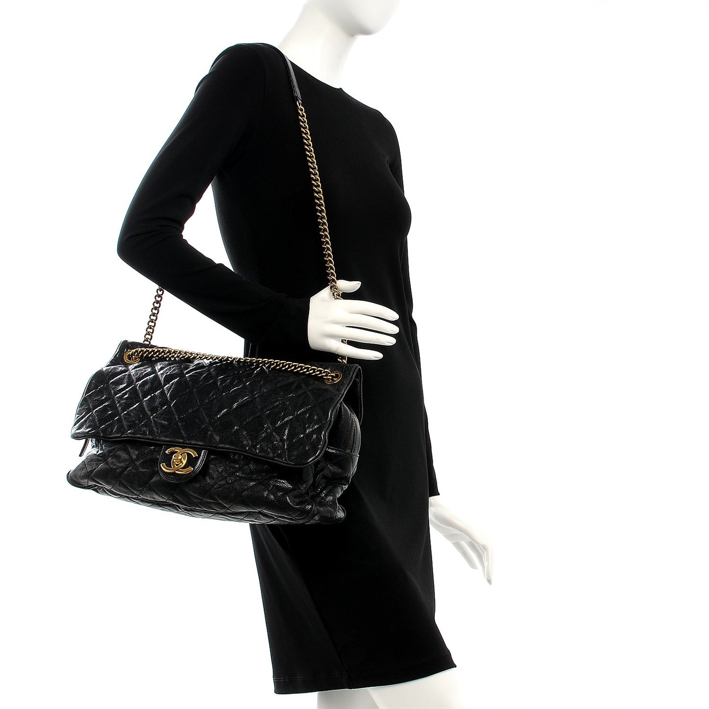 Crumpled Grained Calfskin Quilted Large Shiva Flap Black