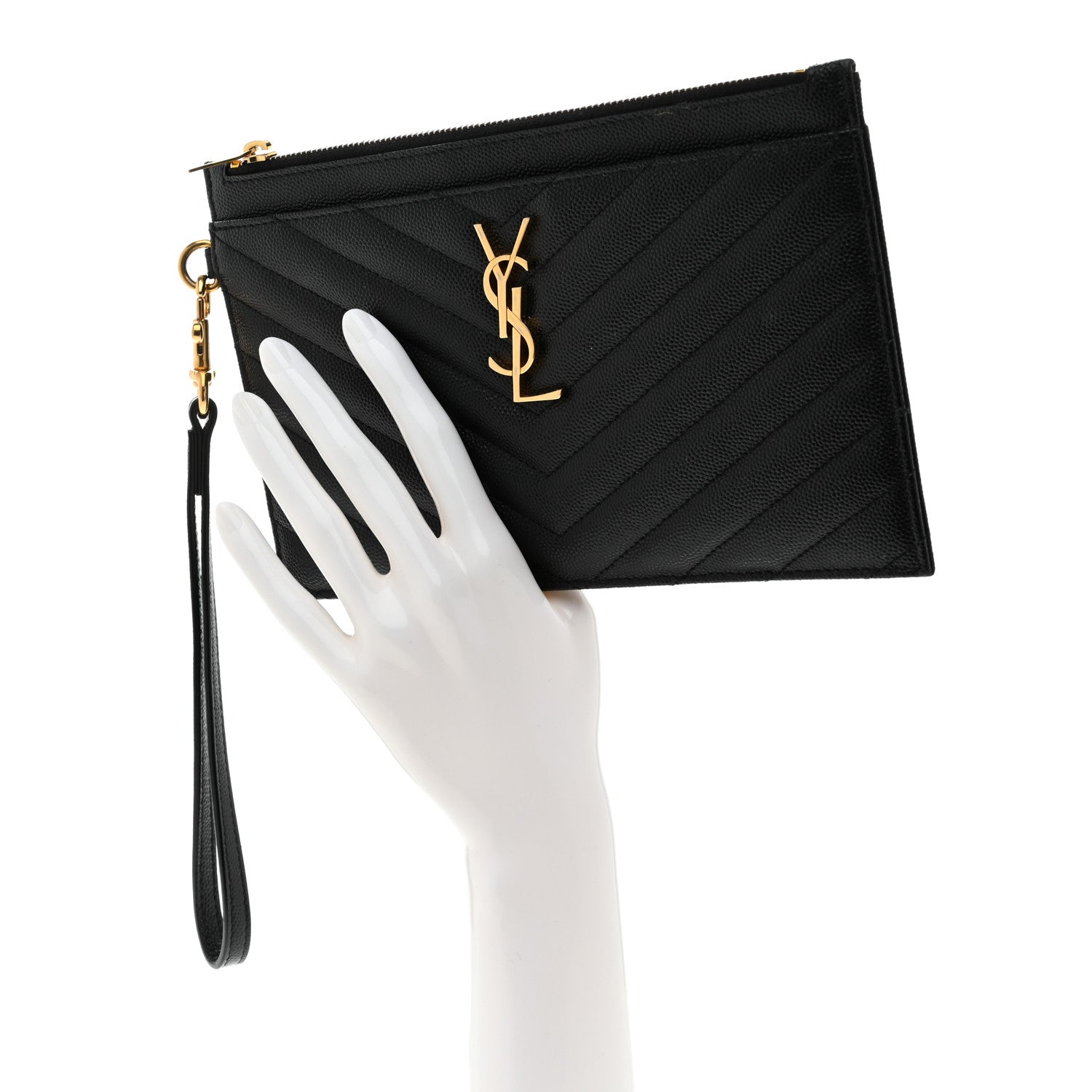 Saint Laurent Grain De Poudre Chevron Monogram Large Bill Pouch Black 2 of 8