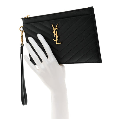 Saint Laurent Grain De Poudre Chevron Monogram Large Bill Pouch Black 2 of 8