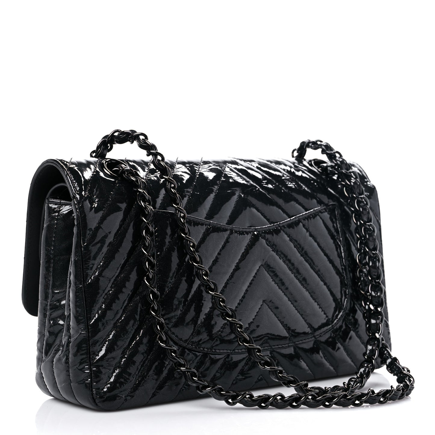 Metallic Patent Crumpled Calfskin Chevron Quilted Medium Double Flap So Black