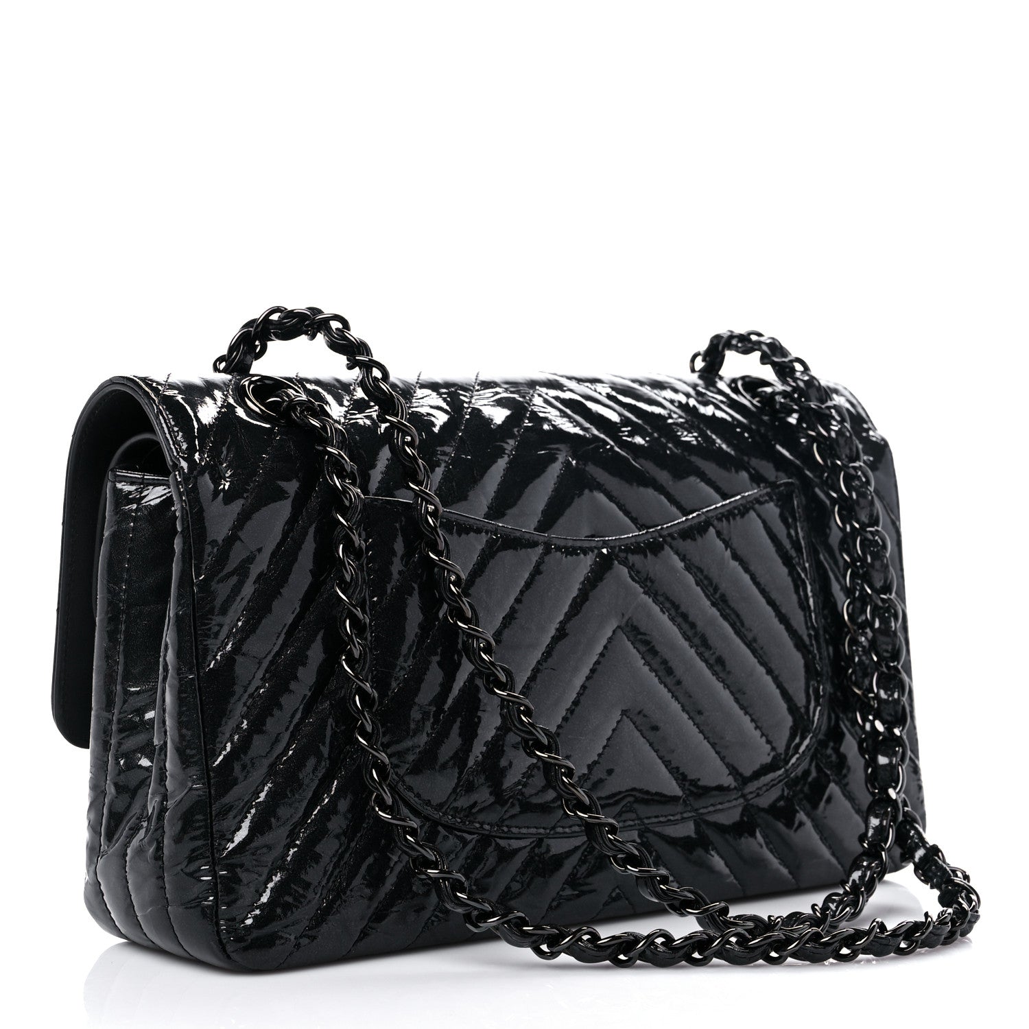 Chanel Metallic Patent Crumpled Calfskin Chevron Quilted Medium Double Flap So Black 3 of 14