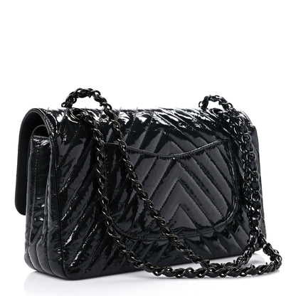 Chanel Metallic Patent Crumpled Calfskin Chevron Quilted Medium Double Flap So Black 3 of 14