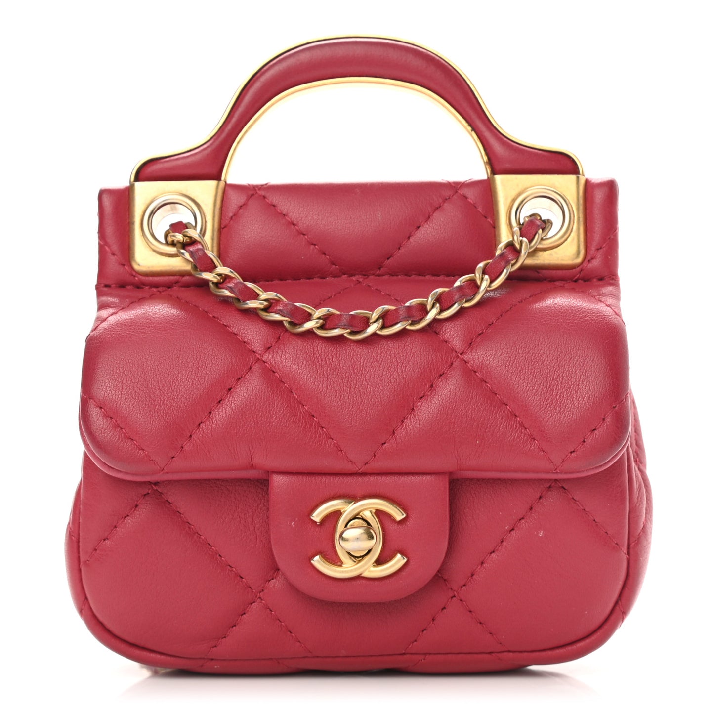 Calfskin Quilted Lady Handle Flap Card Holder With Chain Dark Pink