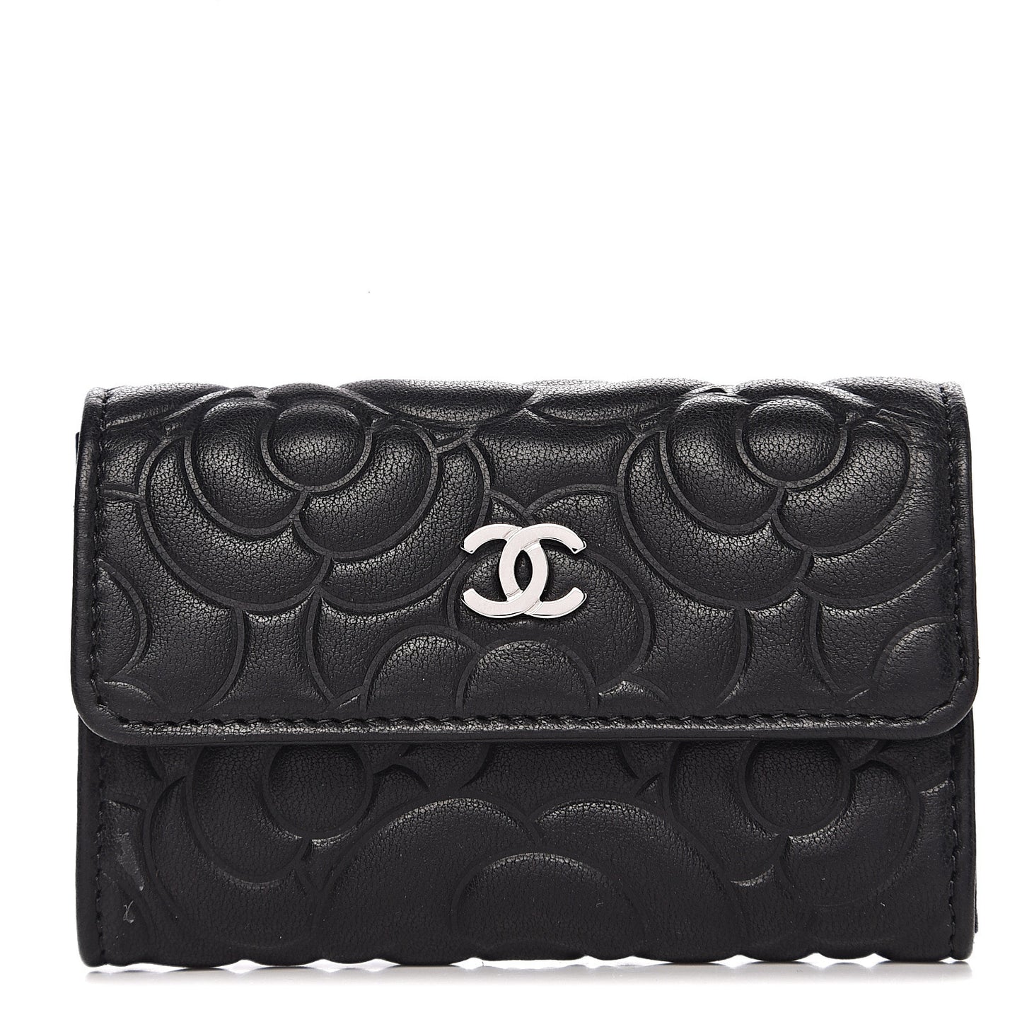 Lambskin Camellia Embossed Card Holder Wallet Black
