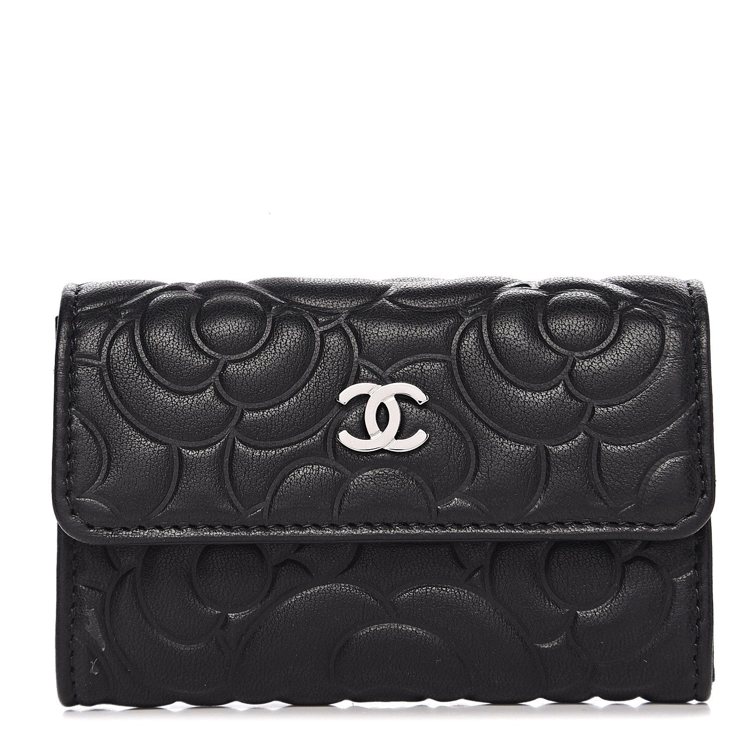 Chanel Lambskin Camellia Embossed Card Holder Wallet Black 1 of 8