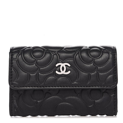 Chanel Lambskin Camellia Embossed Card Holder Wallet Black 1 of 8