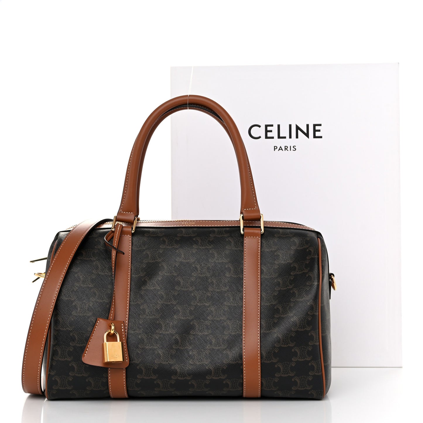 Triomphe Canvas Calfskin Boston Bag Tan