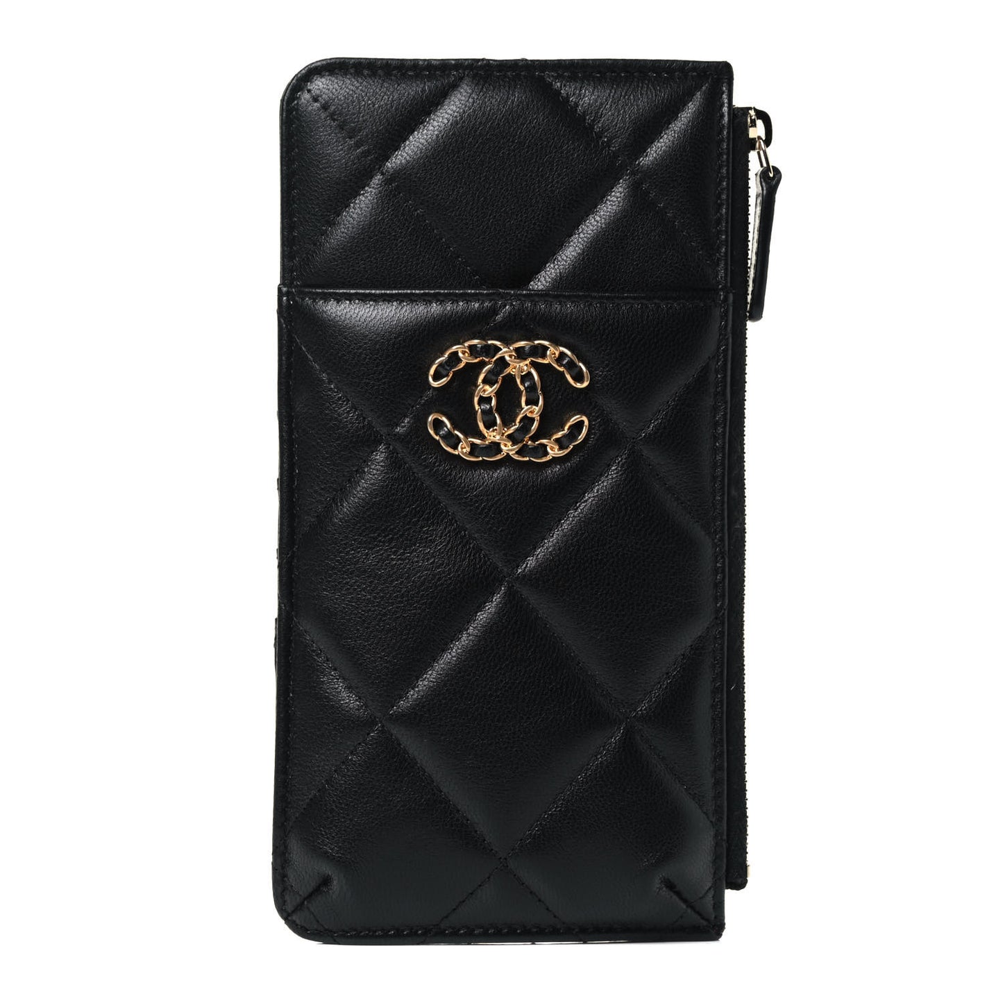 Goatskin Quilted Chanel 19 Phone and Card Holder Black