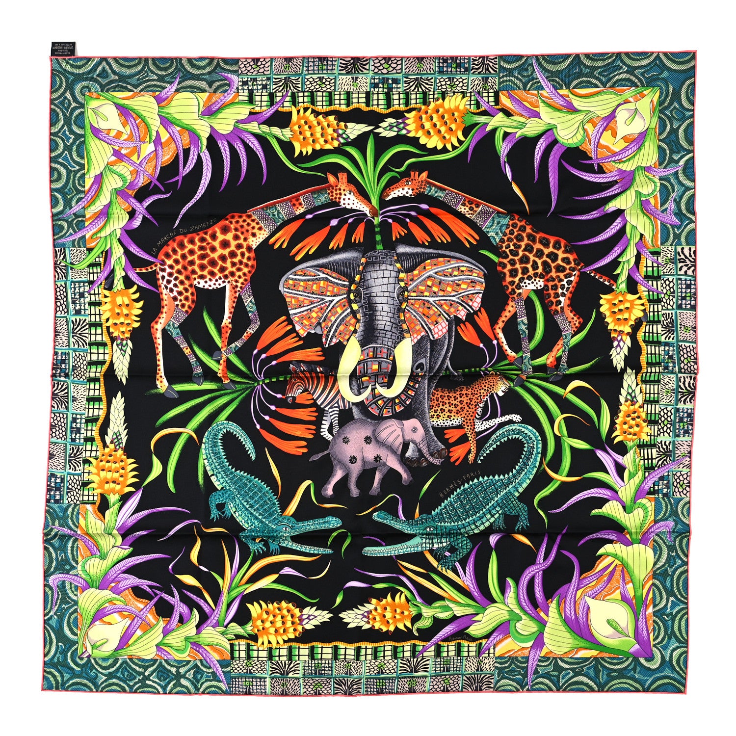 Hermes Silk La Marche Du Zambeze Scarf 90 Black Corail Vert 1 of 4