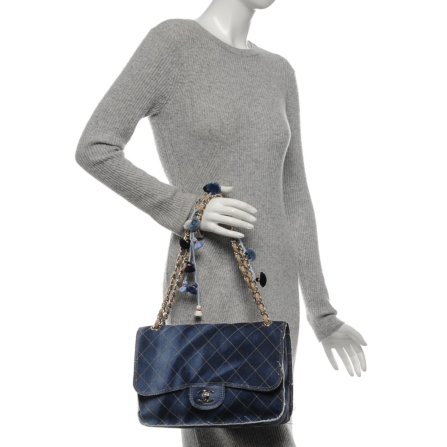 Denim Quilted Jumbo Pompom Flap Dark Blue