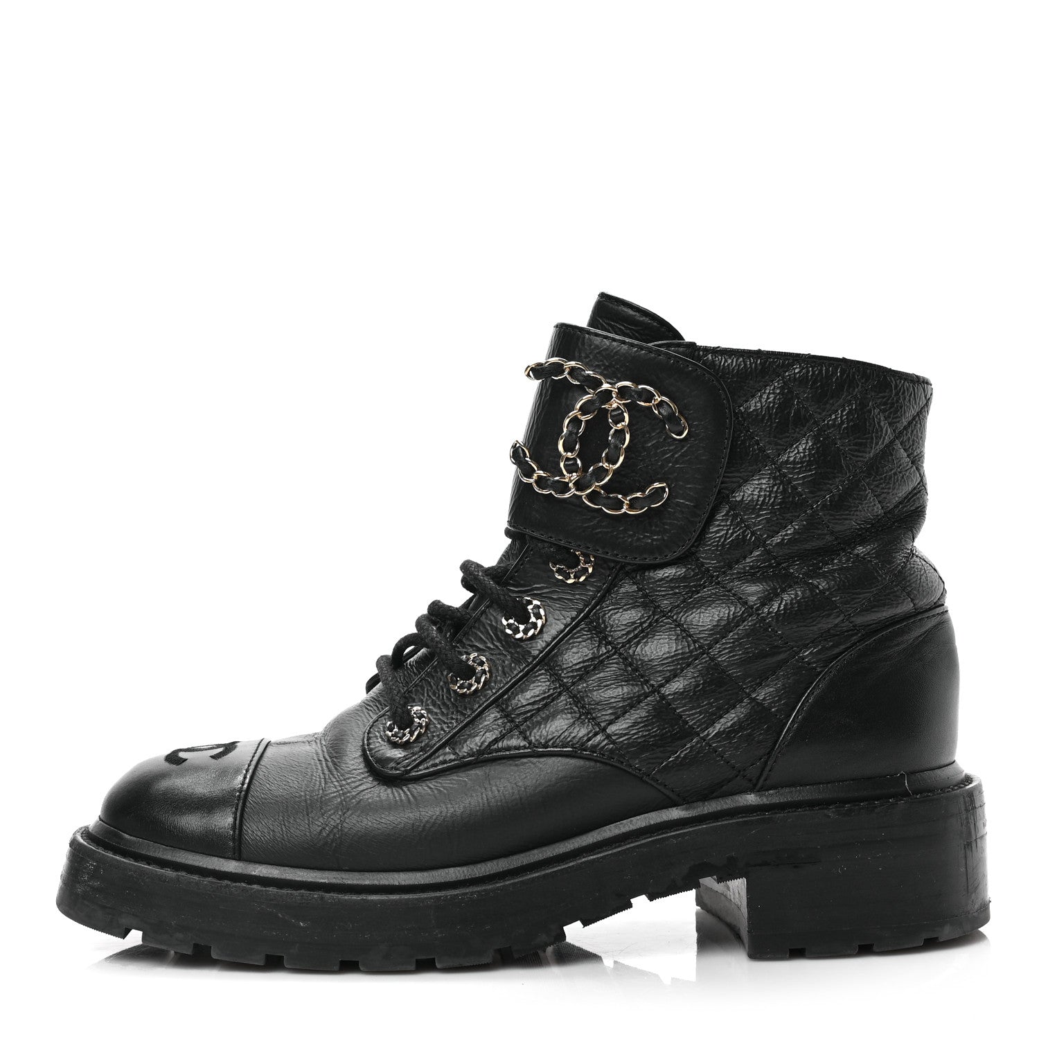 Chanel Shiny Goatskin Calfskin Quilted Lace Up Combat Boots 38 Black 1 of 5