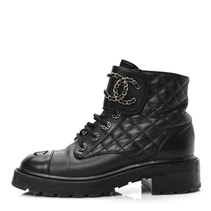 Chanel Shiny Goatskin Calfskin Quilted Lace Up Combat Boots 38 Black 1 of 5