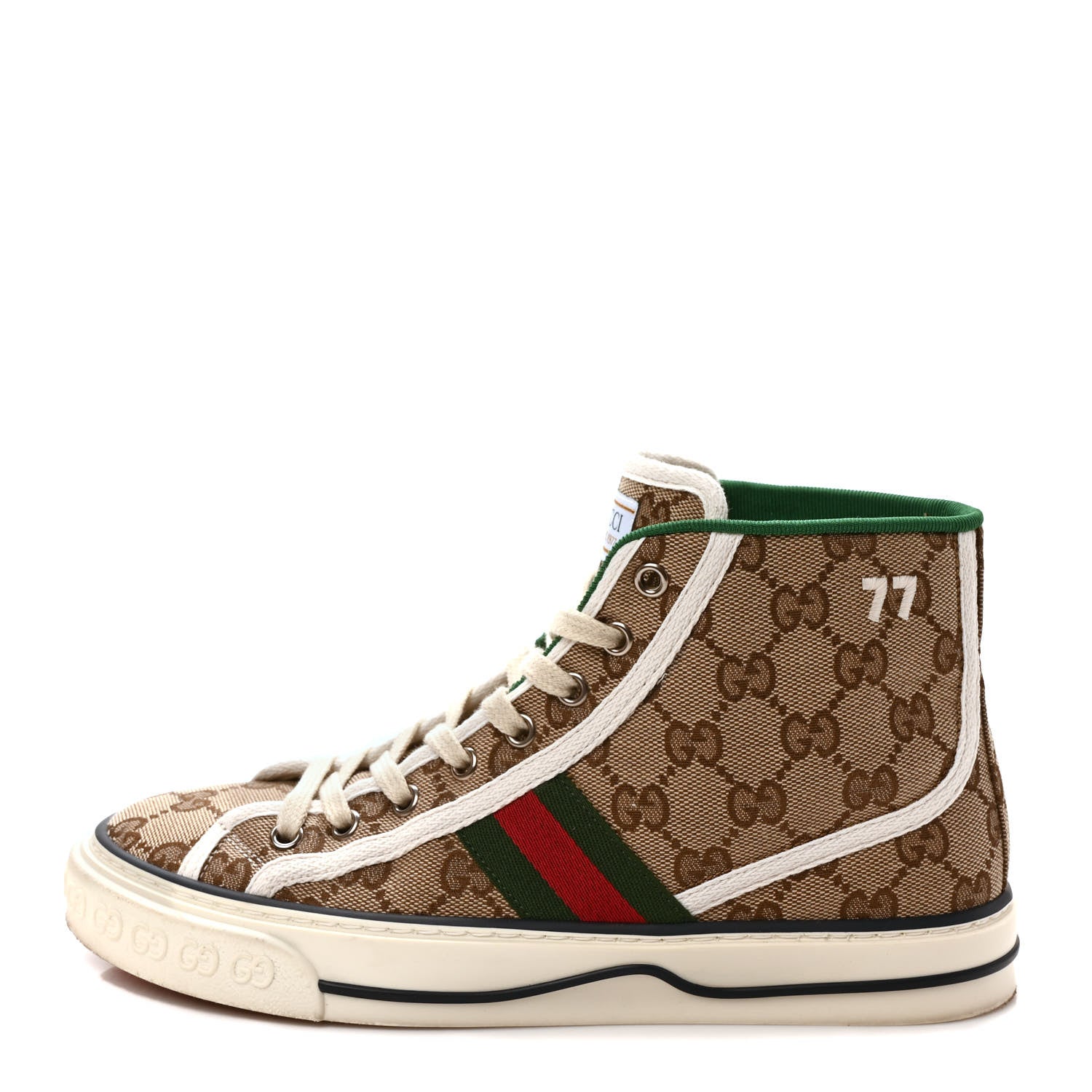 Gucci GG Monogram Web Womens 1977 Tennis High Top Sneakers 38.5 Beige Ebony Mystic White 1 of 8