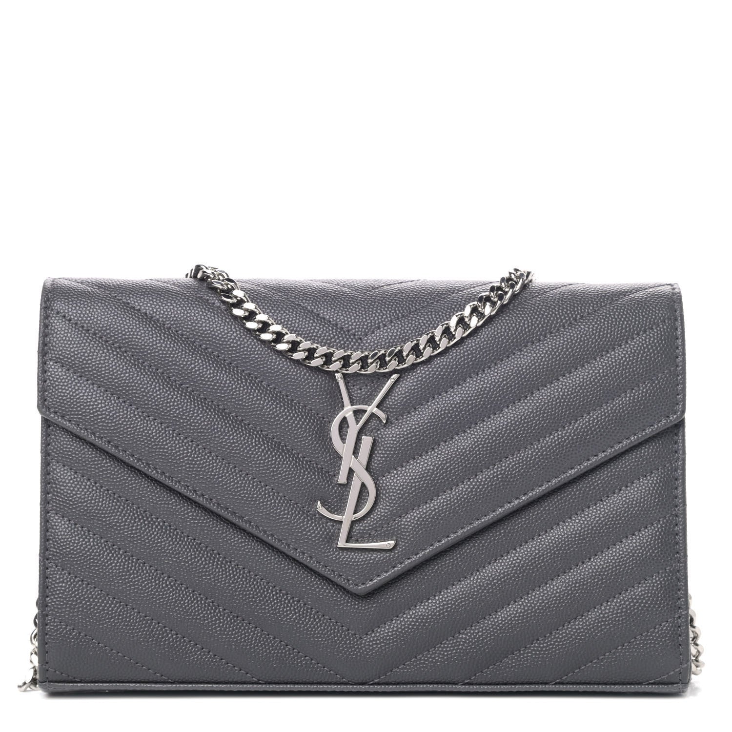 Saint Laurent Grain De Poudre Matelasse Chevron Monogram Chain Wallet Grey 1 of 4