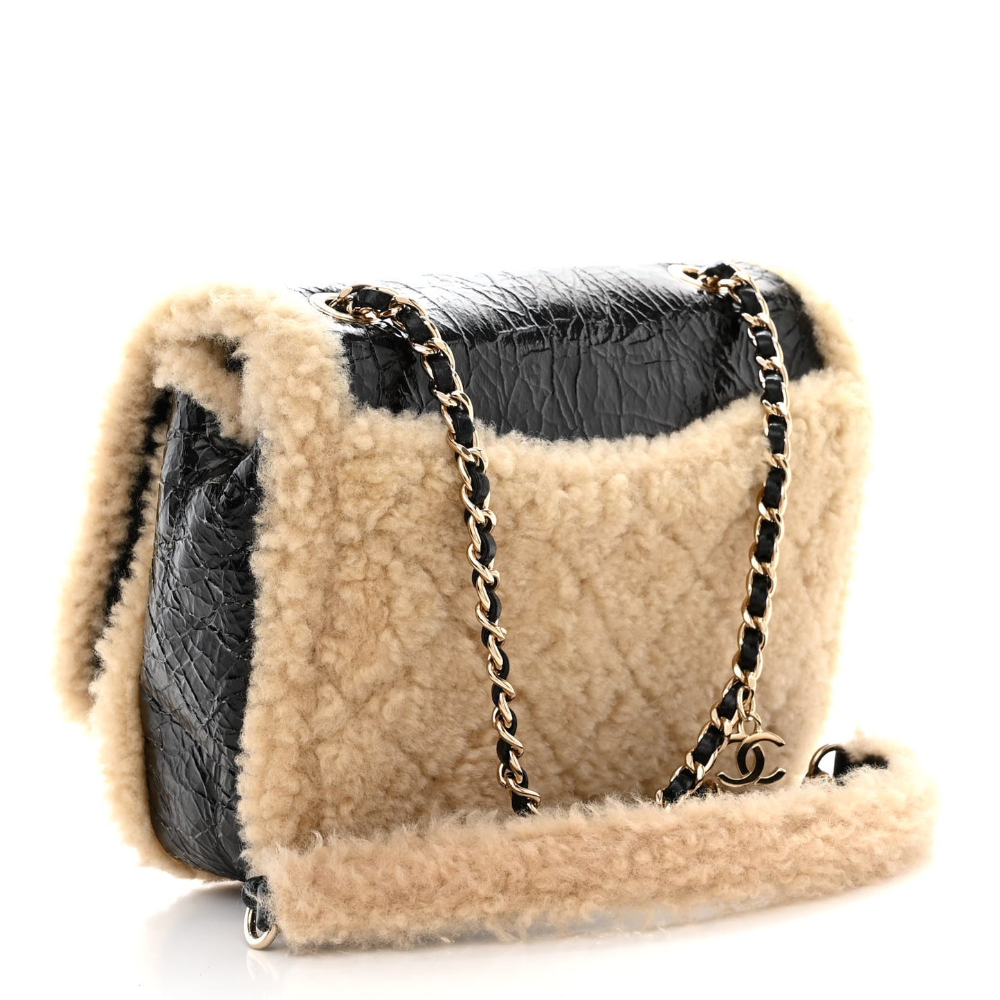 Shiny Crumpled Sheepskin Shearling CC Mania Flap Bag Black Beige