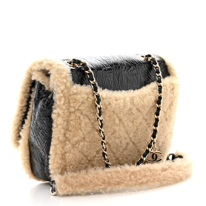 Chanel Shiny Crumpled Sheepskin Shearling CC Mania Flap Bag Black Beige 3 of 14