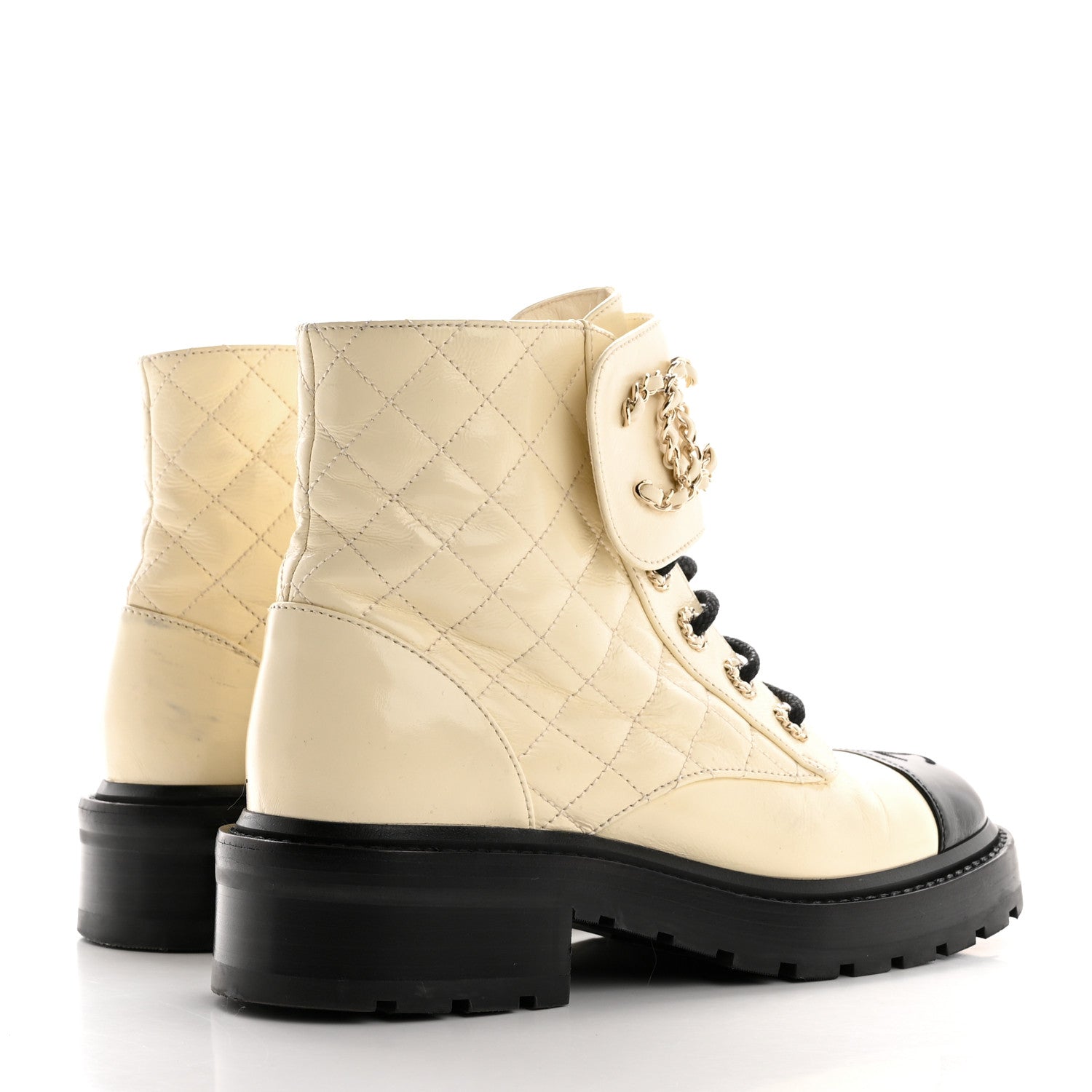 Chanel Shiny Lambskin Quilted Lace Up Combat Boots 36.5 White Black 5 of 12