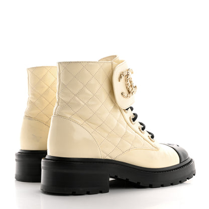 Chanel Shiny Lambskin Quilted Lace Up Combat Boots 36.5 White Black 5 of 12