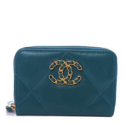 Chanel Lambskin Quilted Chanel 19 Zip Around Coin Purse Wallet Turquoise 1 of 8