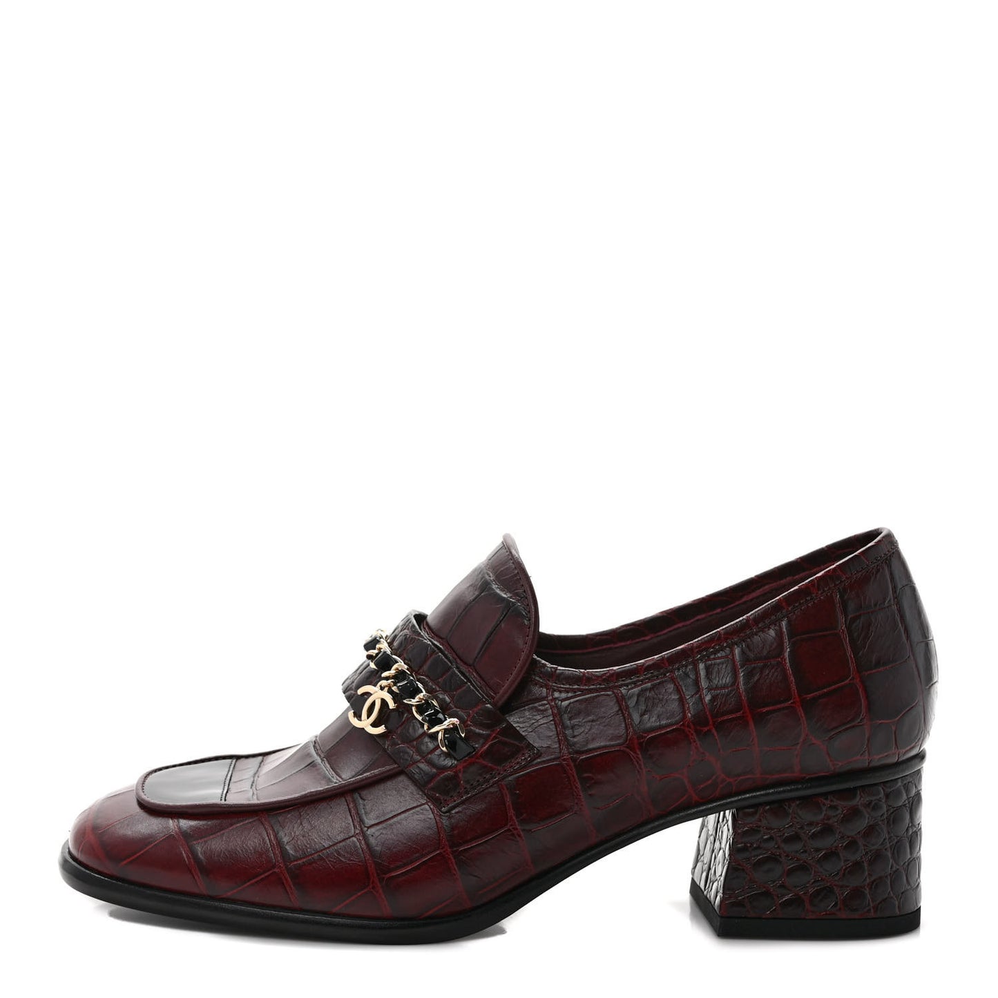 Crocodile Embossed Calfskin CC Chain Mocassin Loafers 38 Burgundy Black