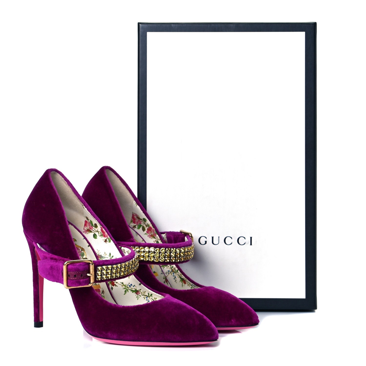 Gucci Velvet Crystal Embellished Sylvie High Heel Pumps 37.5 Fucsia Violet Cyclamen 10 of 10
