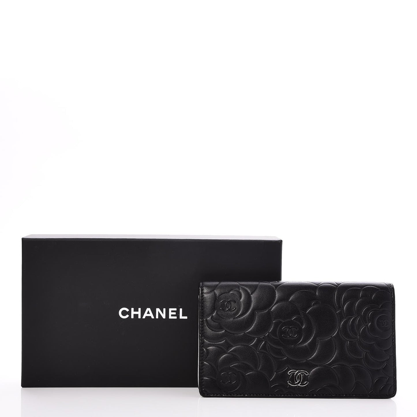 Lambskin Camellia Embossed Yen Wallet Black