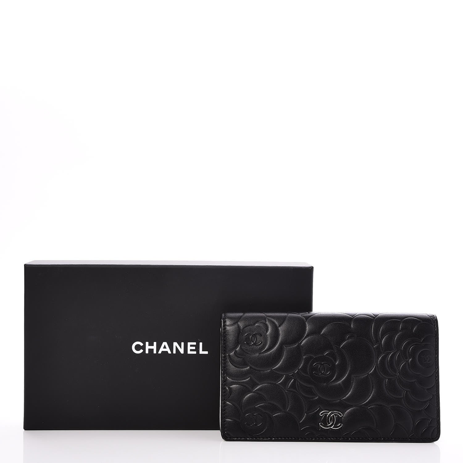 Chanel Lambskin Camellia Embossed Yen Wallet Black 9 of 9