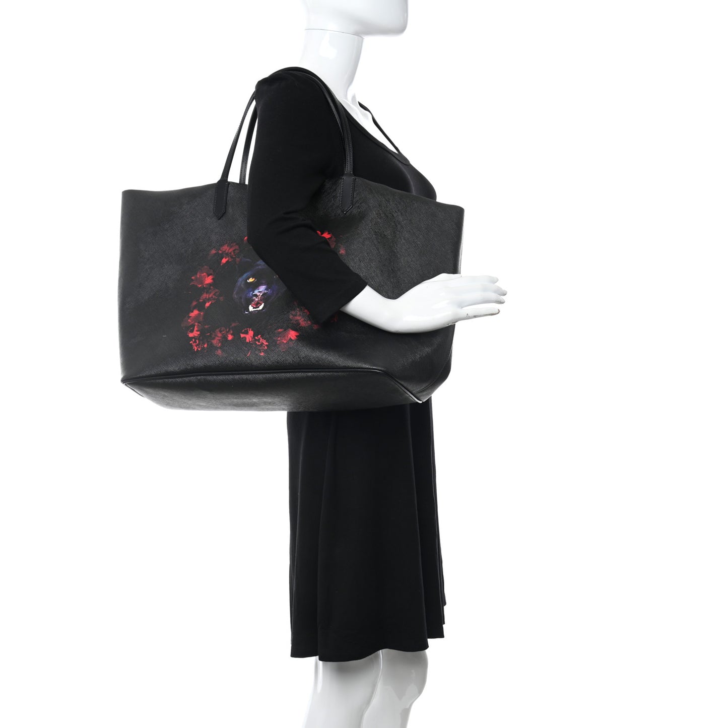 Textured Coated Canvas Panther Print Large Antigona Tote Black