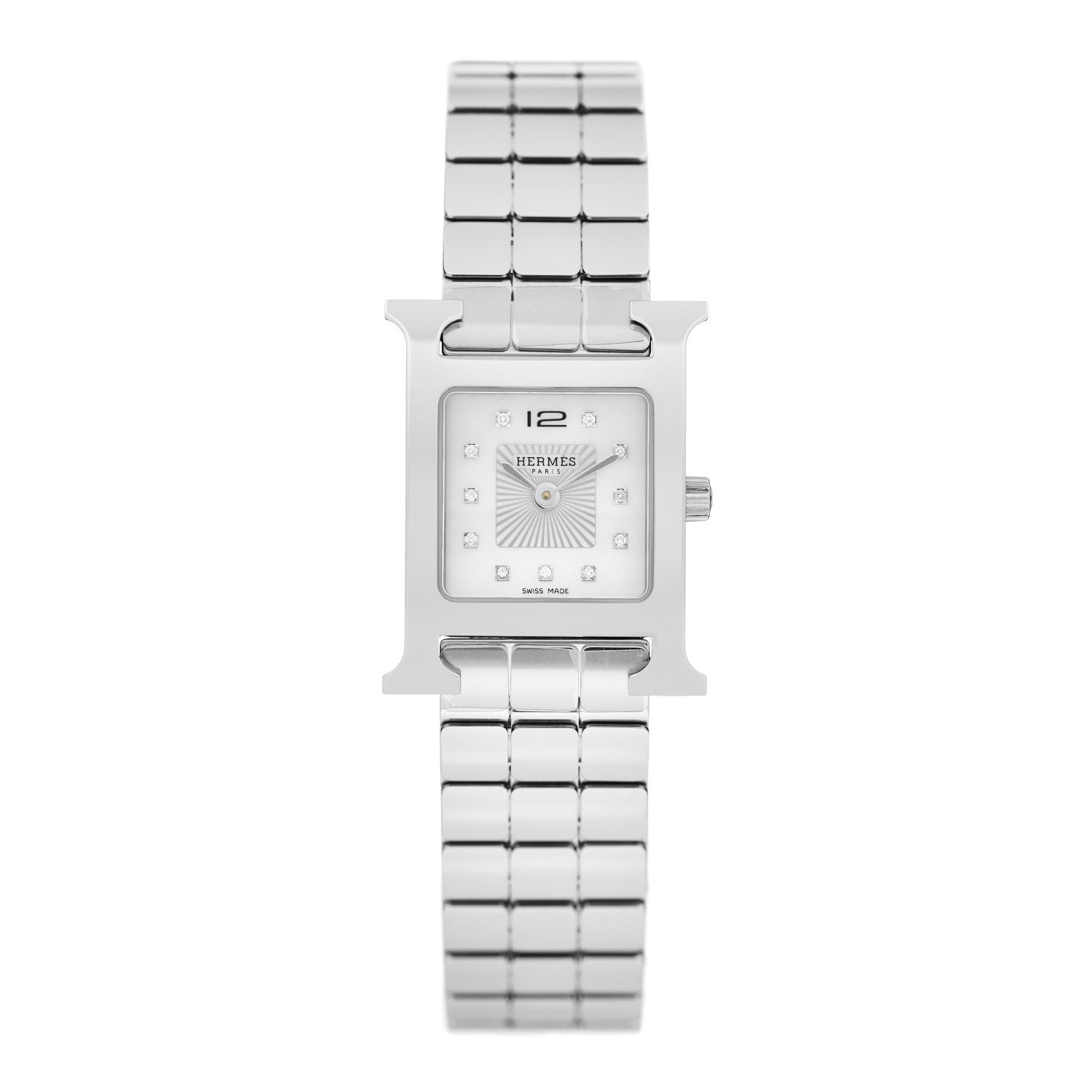 Hermes Stainless Steel Diamond Mother of Pearl 21mm Heure H Hour Quartz Watch 1 of 5
