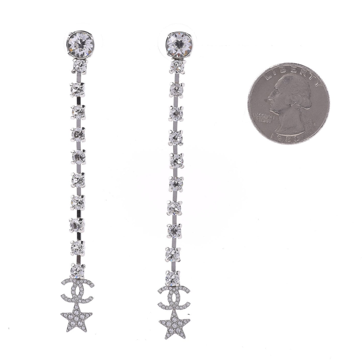 Crystal Starfall Drop Long CC Earrings Silver