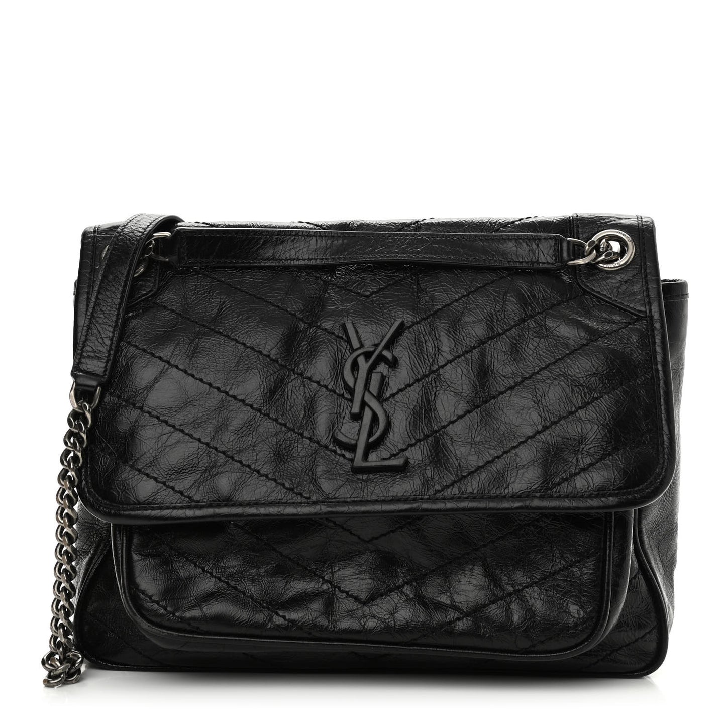 Crinkled Calfskin Matelasse Monogram Medium Niki Chain Satchel Black