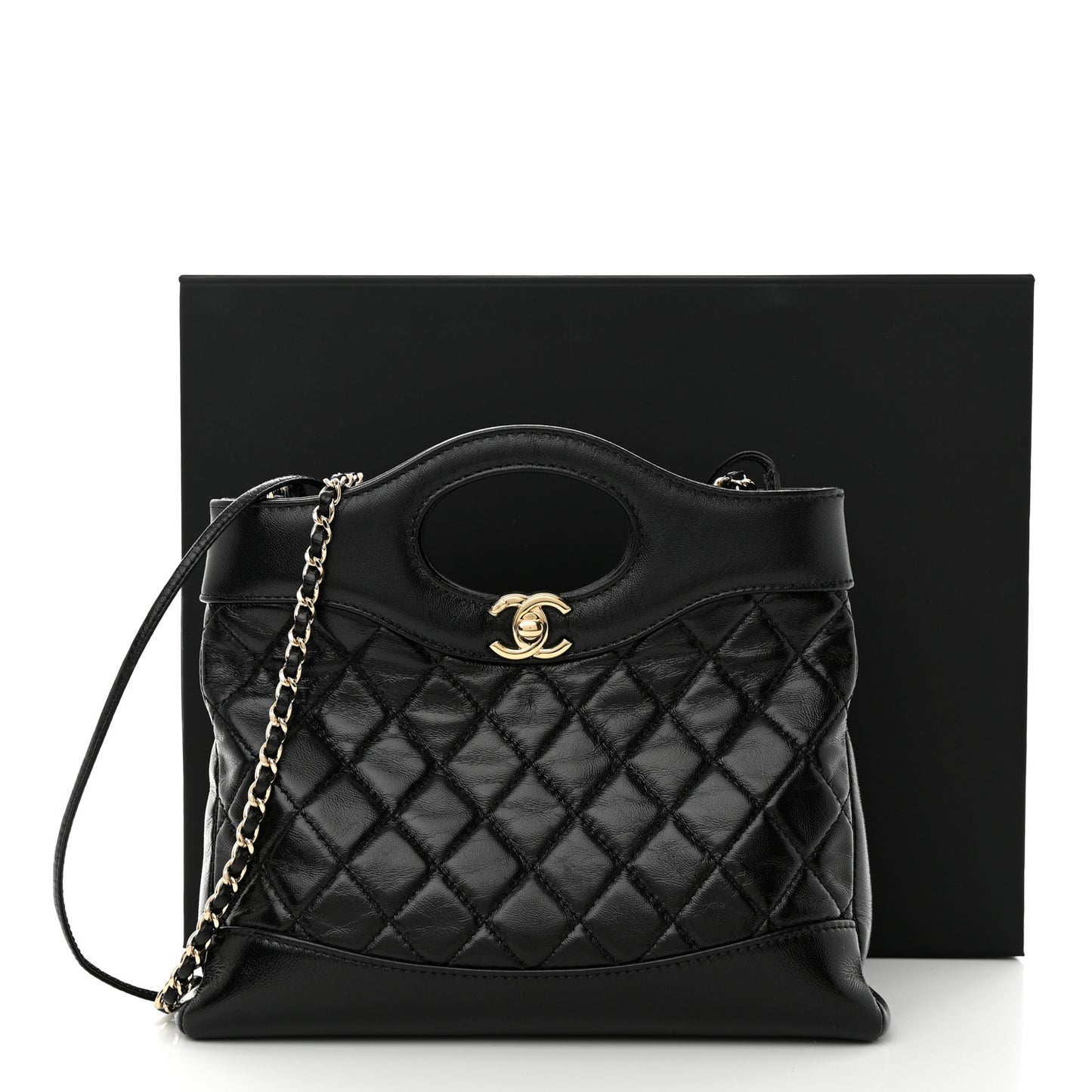 Shiny Crumpled Calfskin Quilted Mini 31 Shopping Bag Black