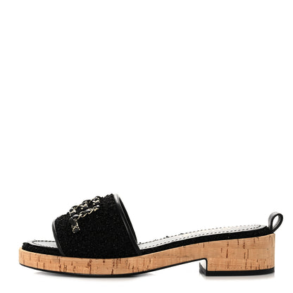 Chanel Tweed Cork CC Chain Mule Sandal 38 Black 1 of 9