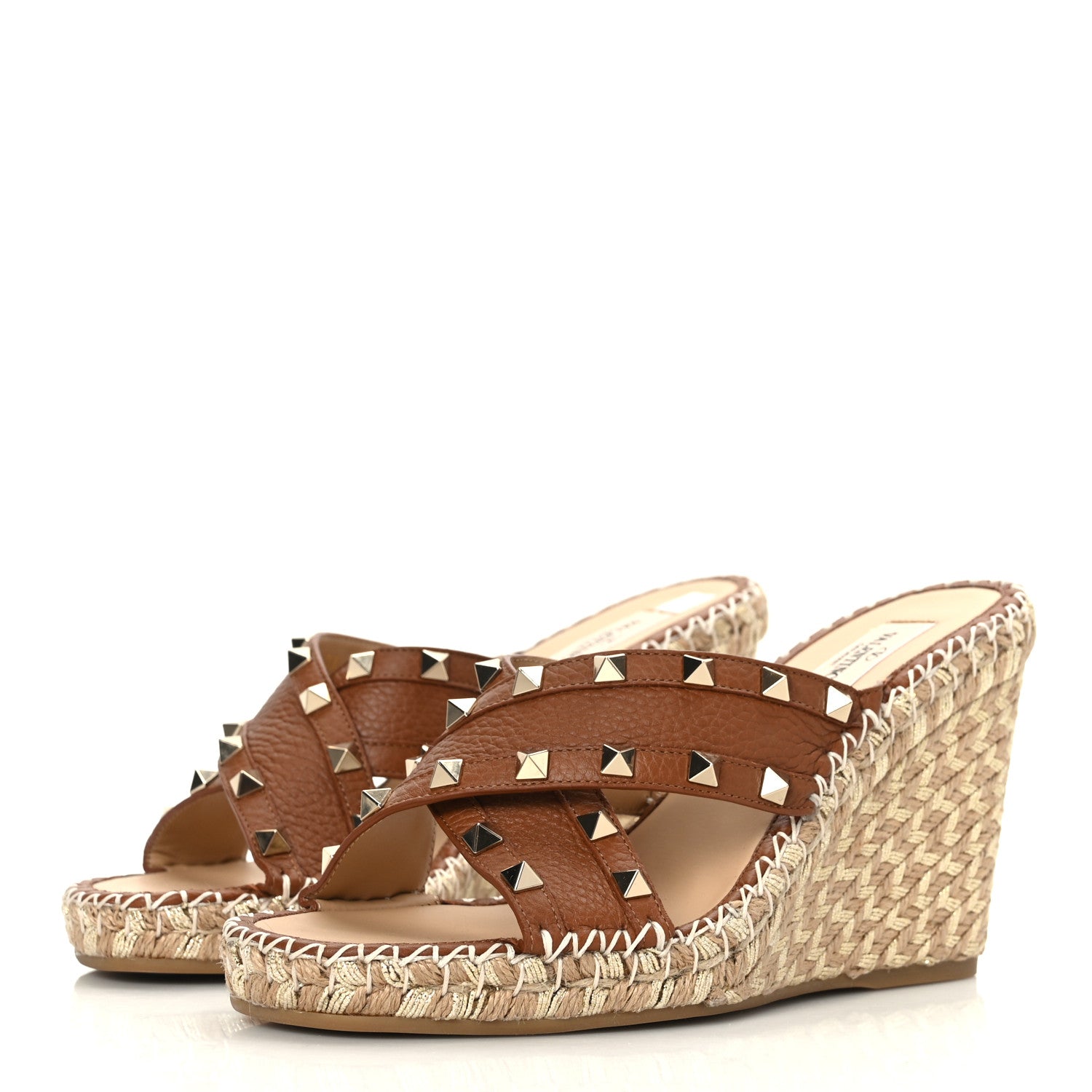 Valentino Garavani Pebbled Calfskin Rockstud Criss Cross Espadrille 15/105mm Wedge Sandals 38 Selleria 3 of 8